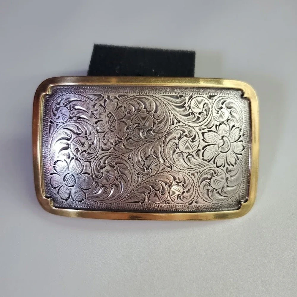 Western Floral Engraved Belt Buckle Two Tone Gold Silver Tone Rectangular
